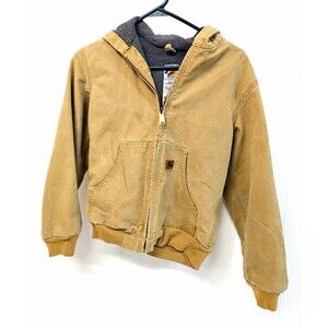 Carhartt Boys Hooded Sherpa Lined Canvas Jacket Full Zip Brown 10-12